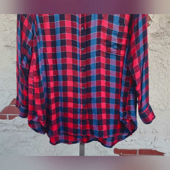 XL women LUCKY BRAND plaid button long sleeve red black split back - Picture 7 of 16